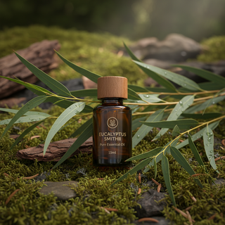 Eucalyptus Smithii Essential Oil bottle with fresh eucalyptus leaves