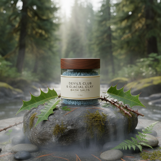 Devils Club and Glacial Clay Bath Salts jar in forest setting